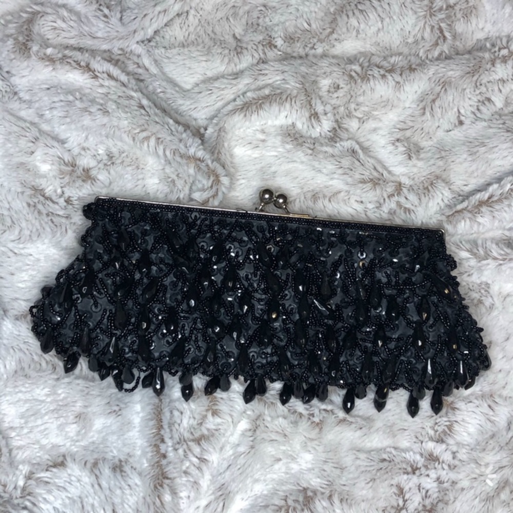 Lapis Black Beaded Tasseled Clutch! NWT